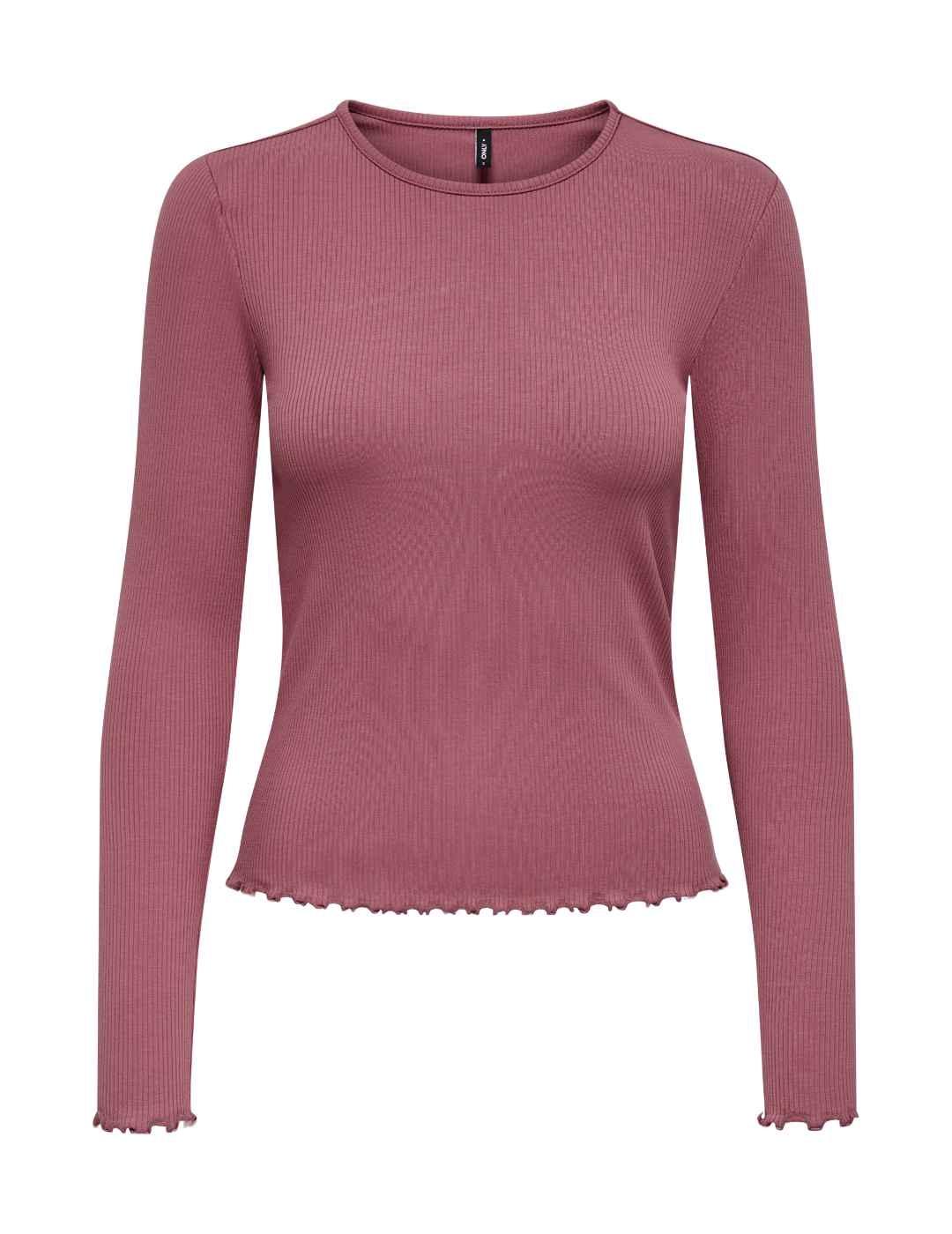 Camiseta Only Lina rosa canalé manga larga de mujer