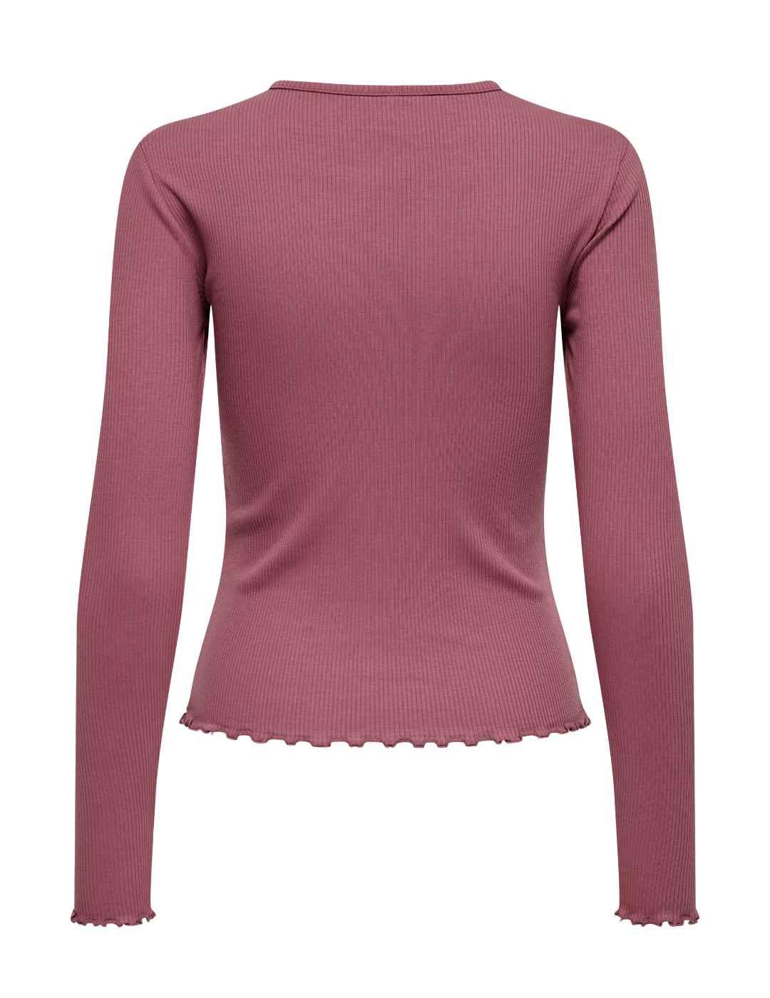Camiseta Only Lina rosa canalé manga larga de mujer