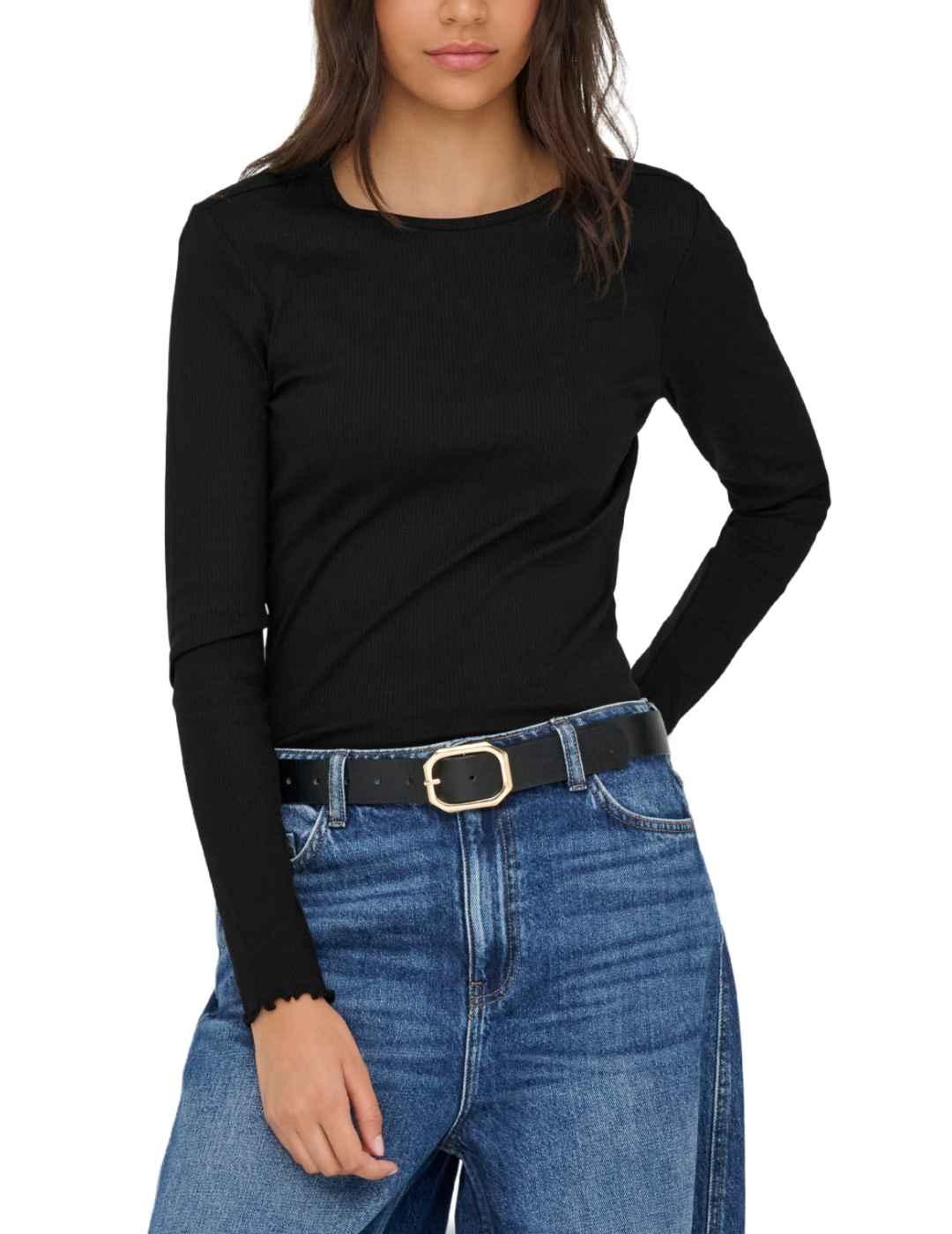 Camiseta Only Lina negra manga larga canalé de mujer