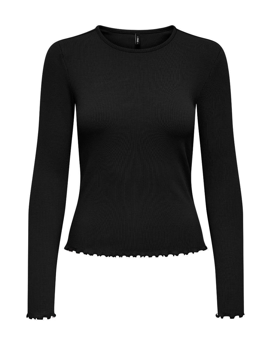 Camiseta Only Lina negra manga larga canalé de mujer