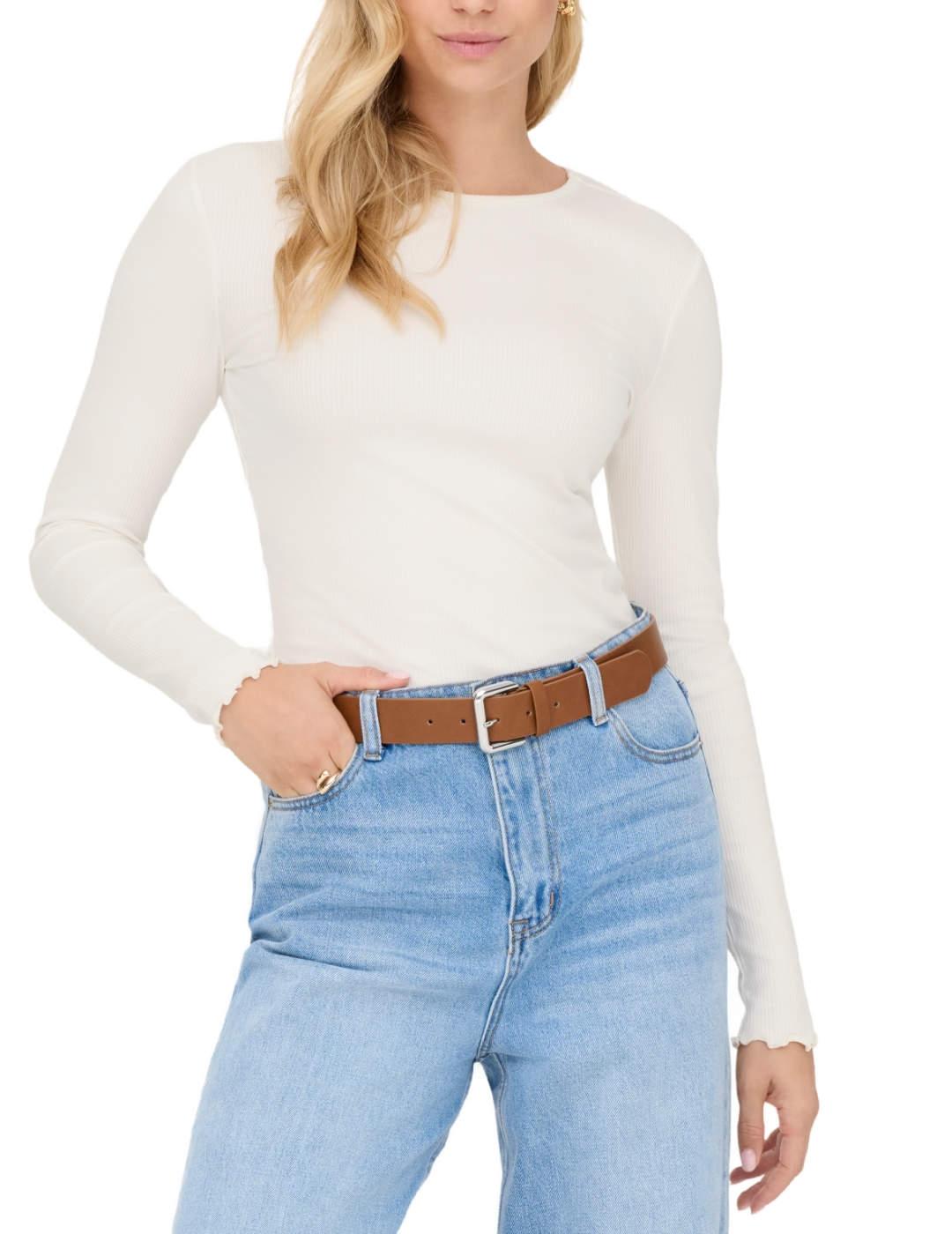 Camiseta Only Lina blanca canalé manga larga de mujer