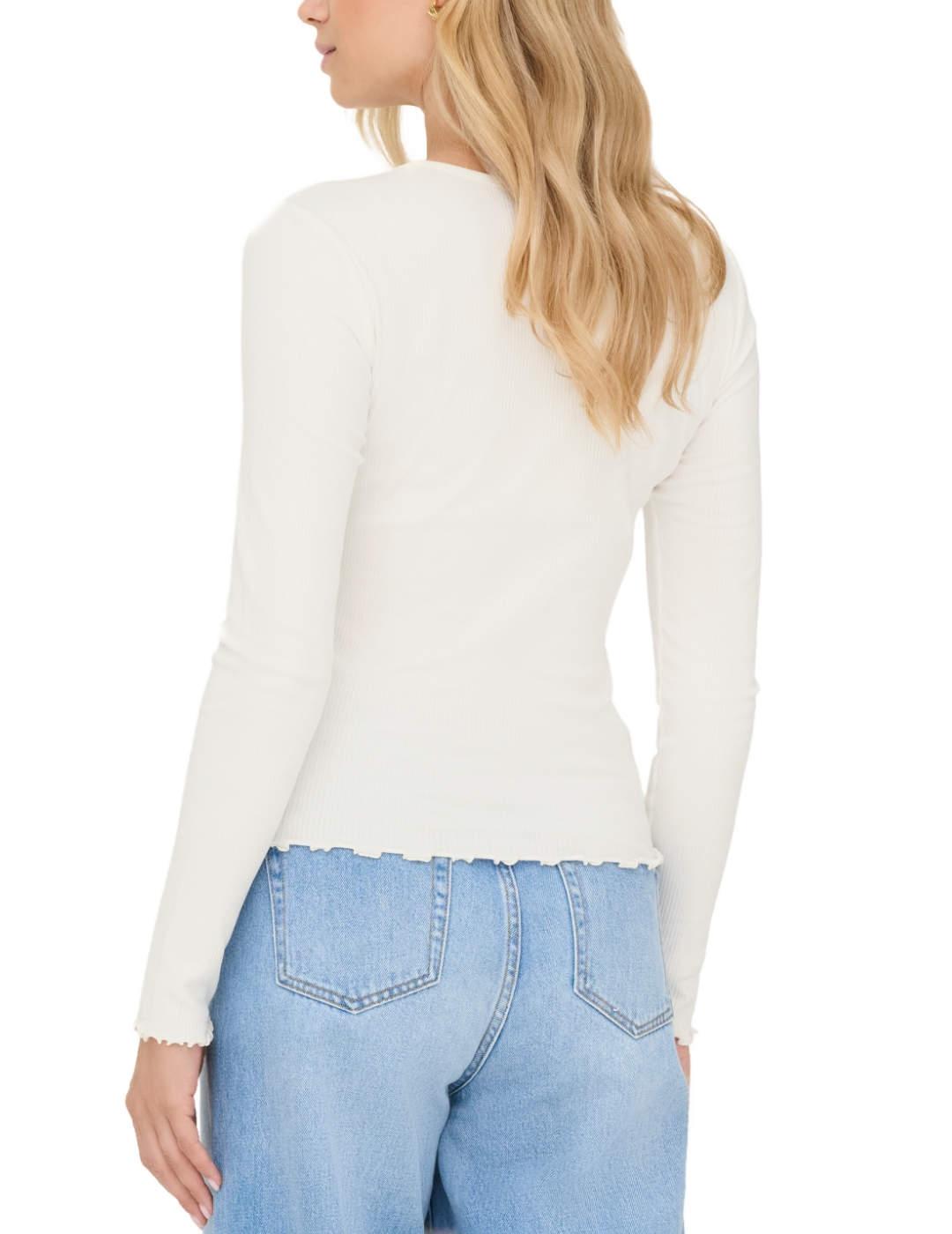 Camiseta Only Lina blanca canalé manga larga de mujer