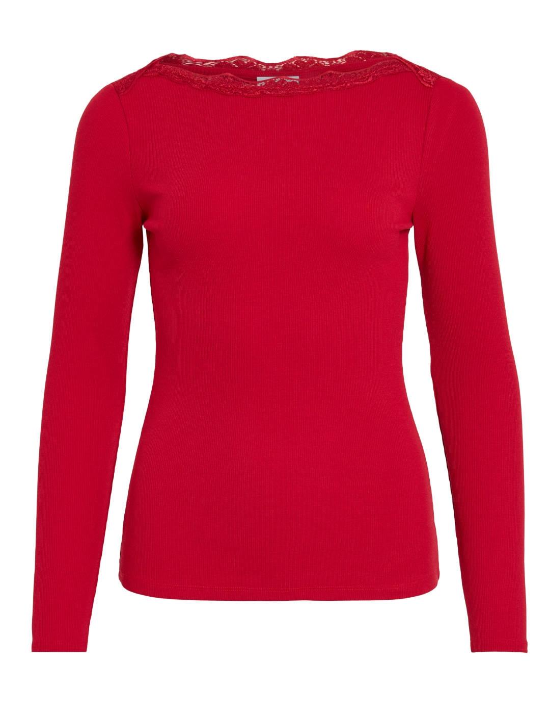 Camiseta Vila Lace con encaje roja manga larga para mujer