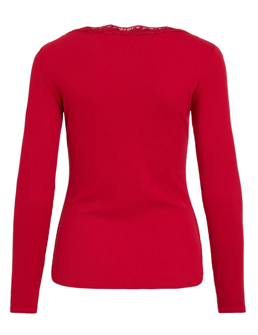 Camiseta Vila Lace con encaje roja manga larga para mujer