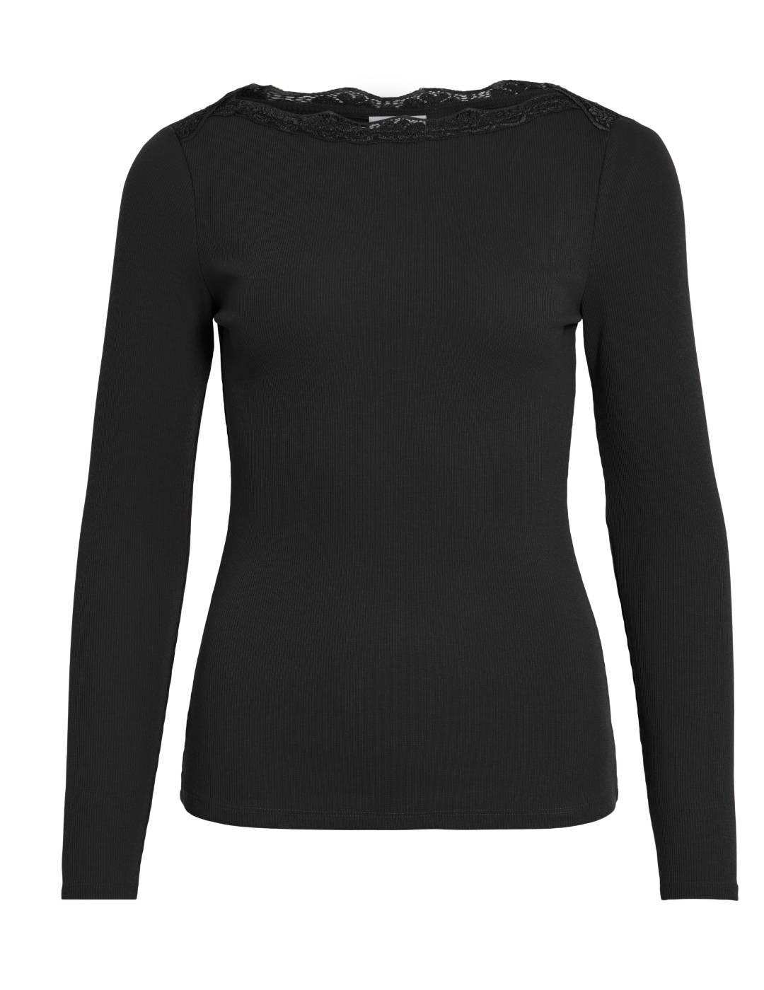 Camiseta Vila Lace con encaje negra manga larga para mujer