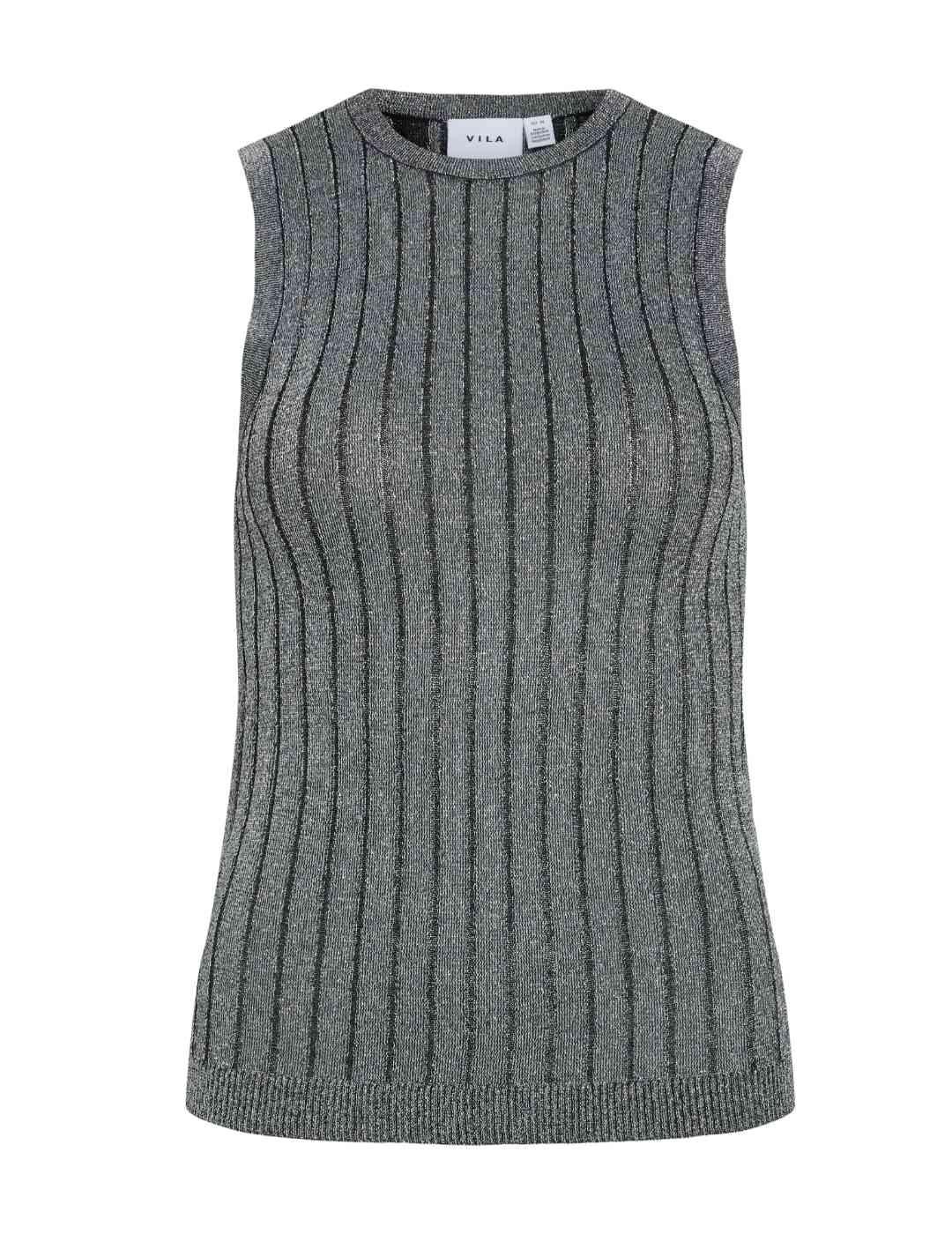 Top Vila Vermei Glitter plateado manga sisa para mujer