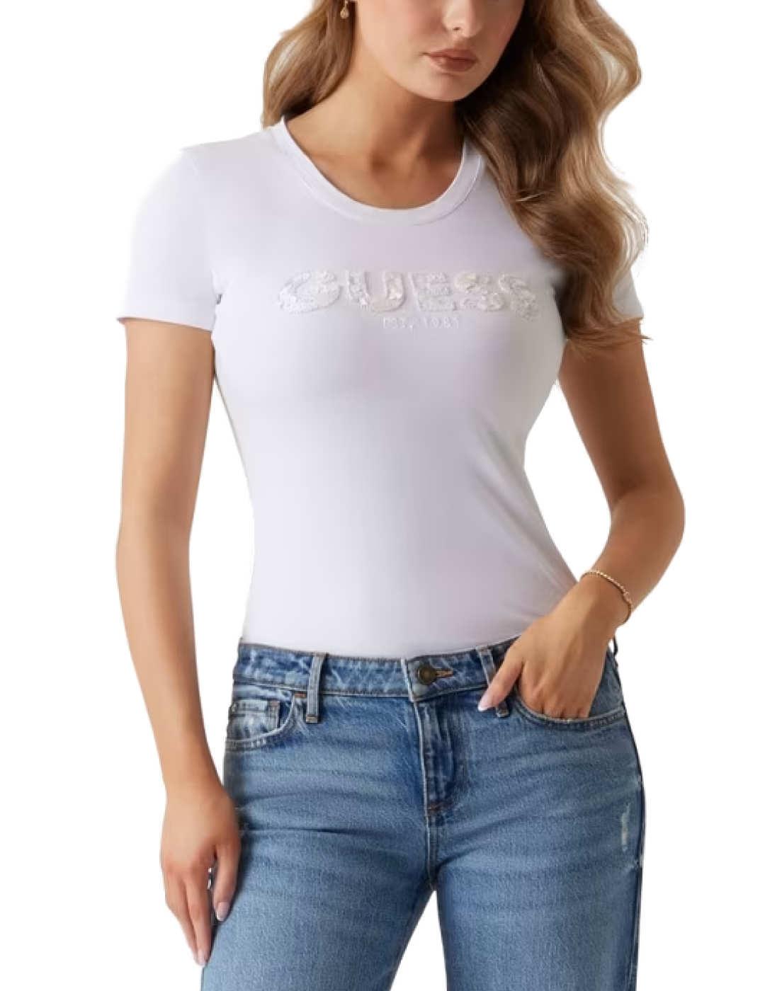 Camiseta Guess Segquins blanco manga corta para mujer