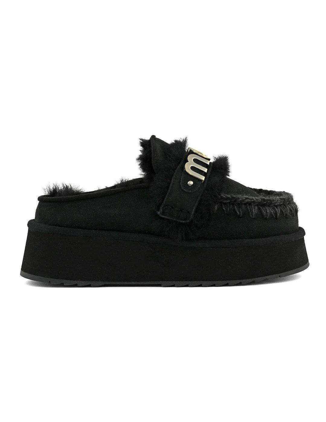 Zueco Mou Platform clog de ante forrado borrego negro mujer