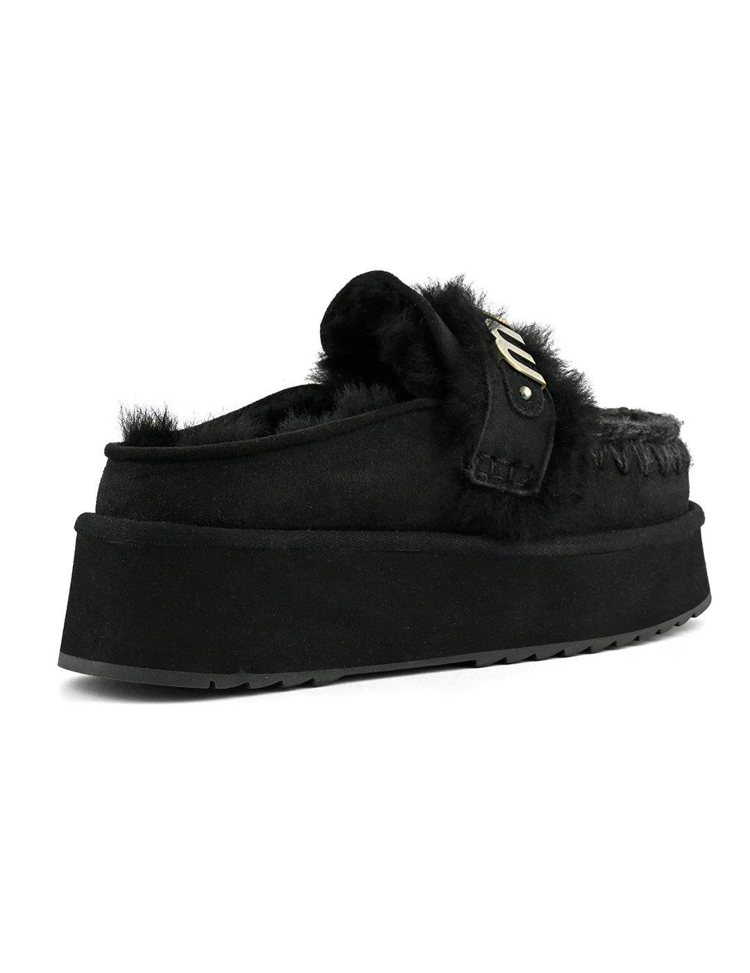 Zueco Mou Platform clog de ante forrado borrego negro mujer