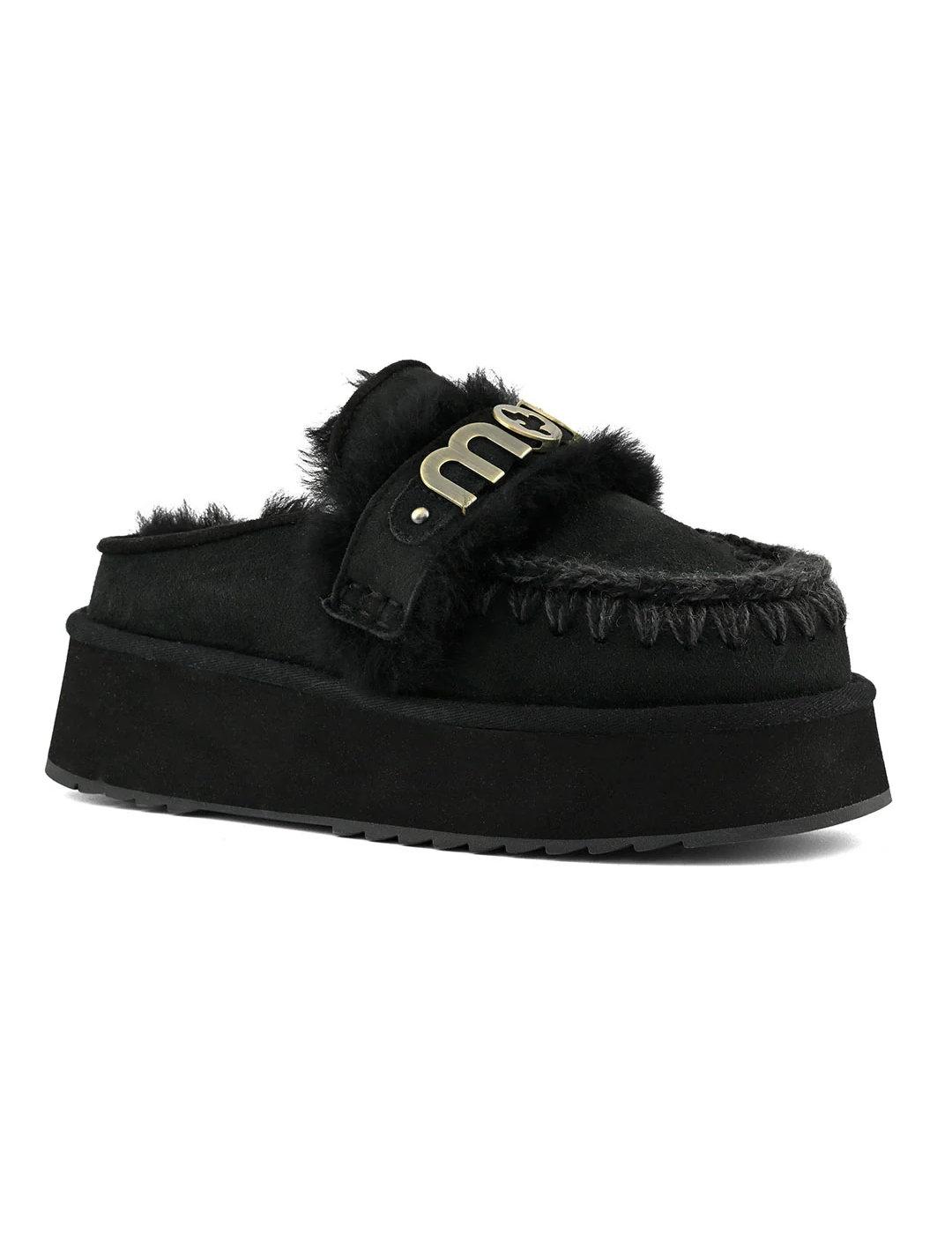 Zueco Mou Platform clog de ante forrado borrego negro mujer