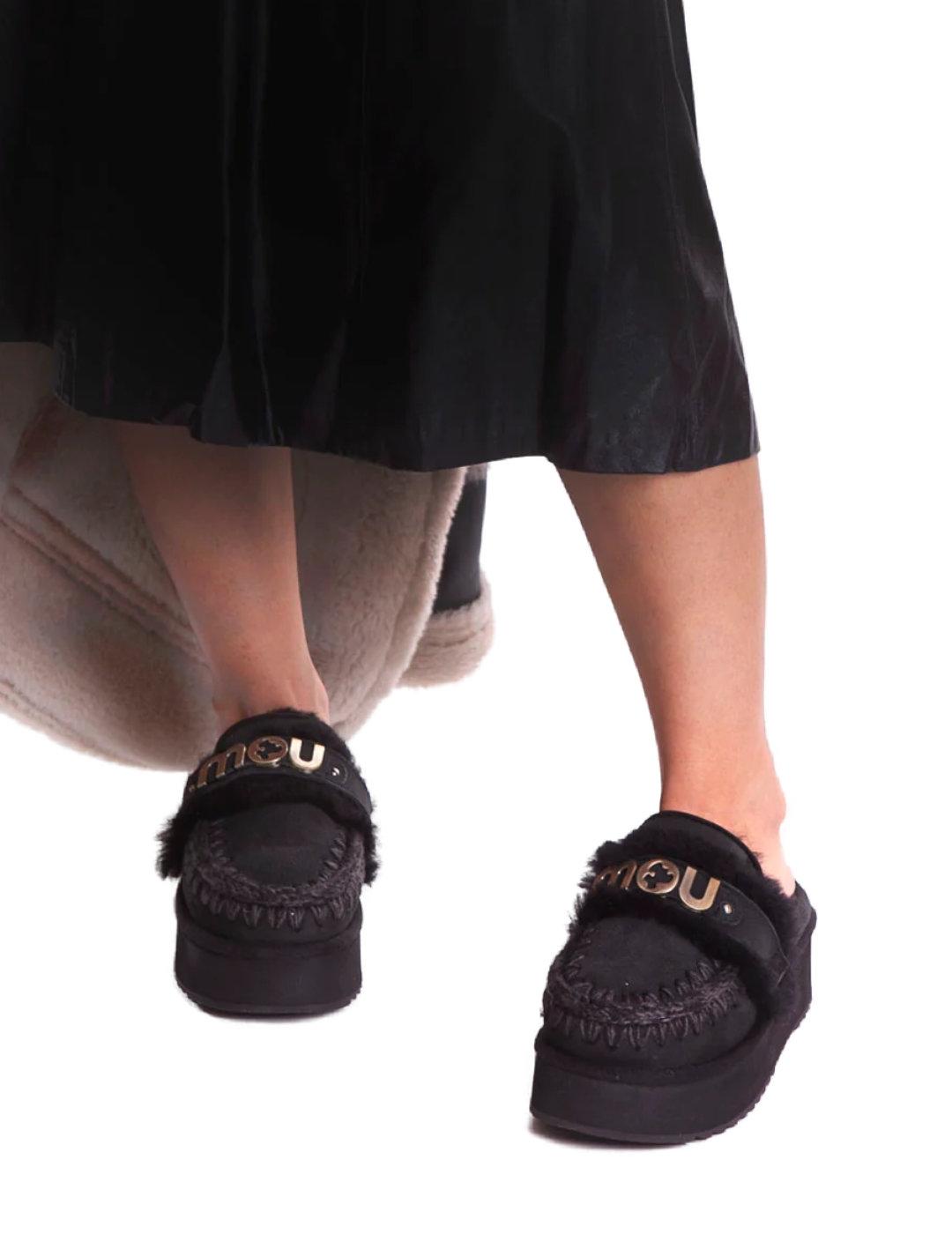 Zueco Mou Platform clog de ante forrado borrego negro mujer