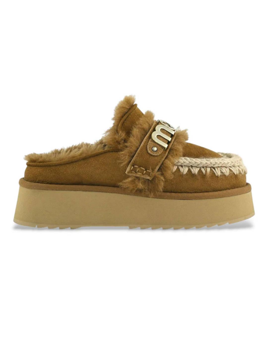 Zueco Mou Platform clog de ante forrado borrego camel mujer