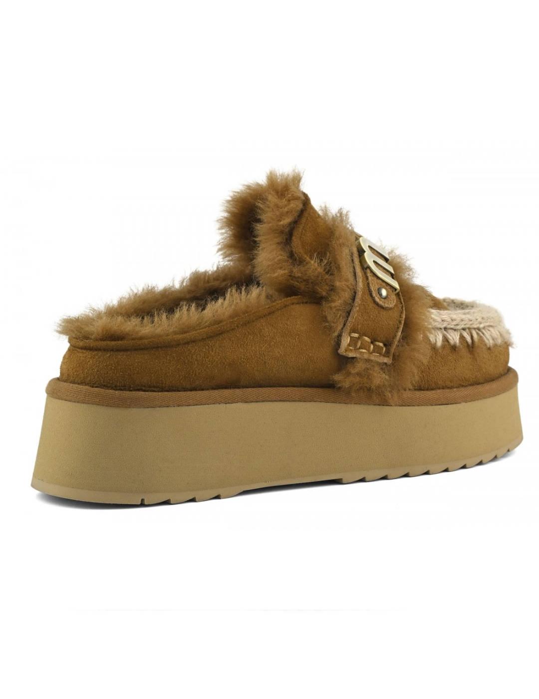 Zueco Mou Platform clog de ante forrado borrego camel mujer