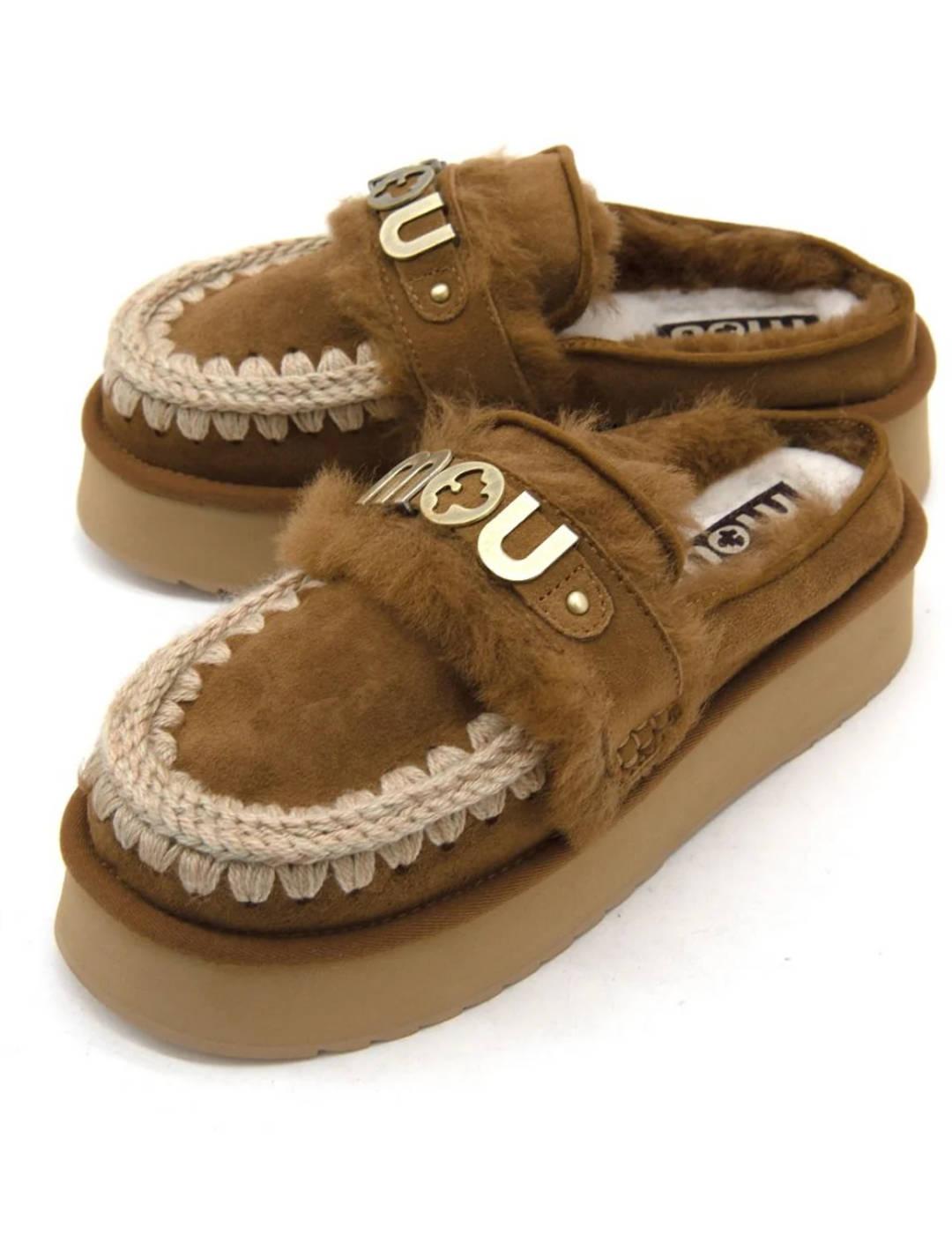 Zueco Mou Platform clog de ante forrado borrego camel mujer