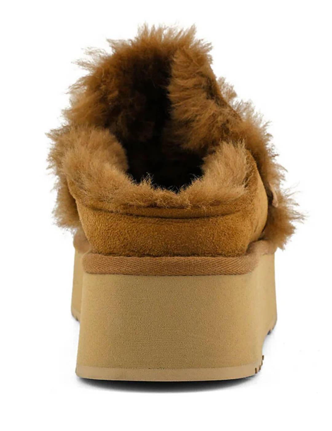 Zueco Mou Platform clog de ante forrado borrego camel mujer