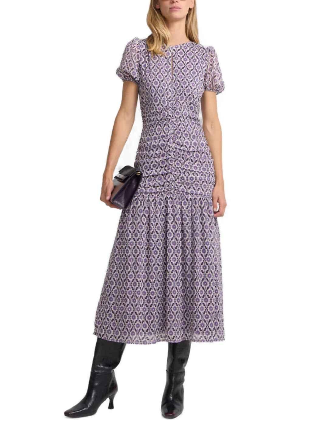 Vestido Silbon fruncido estampado malva gasa largo de mujer