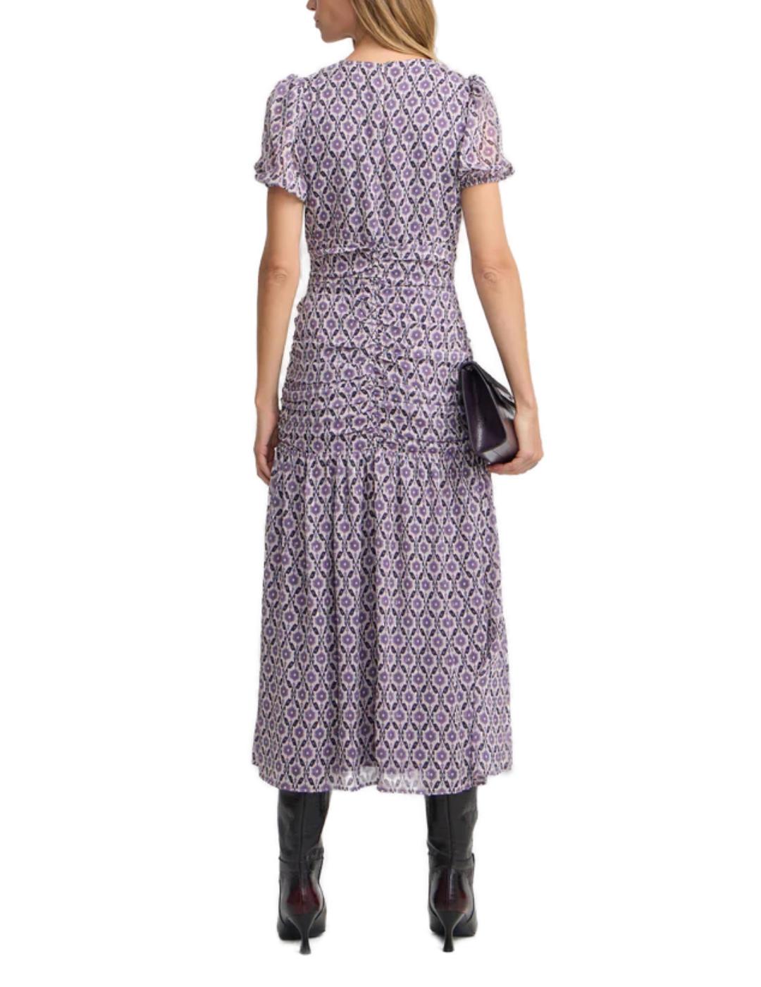 Vestido Silbon fruncido estampado malva gasa largo de mujer