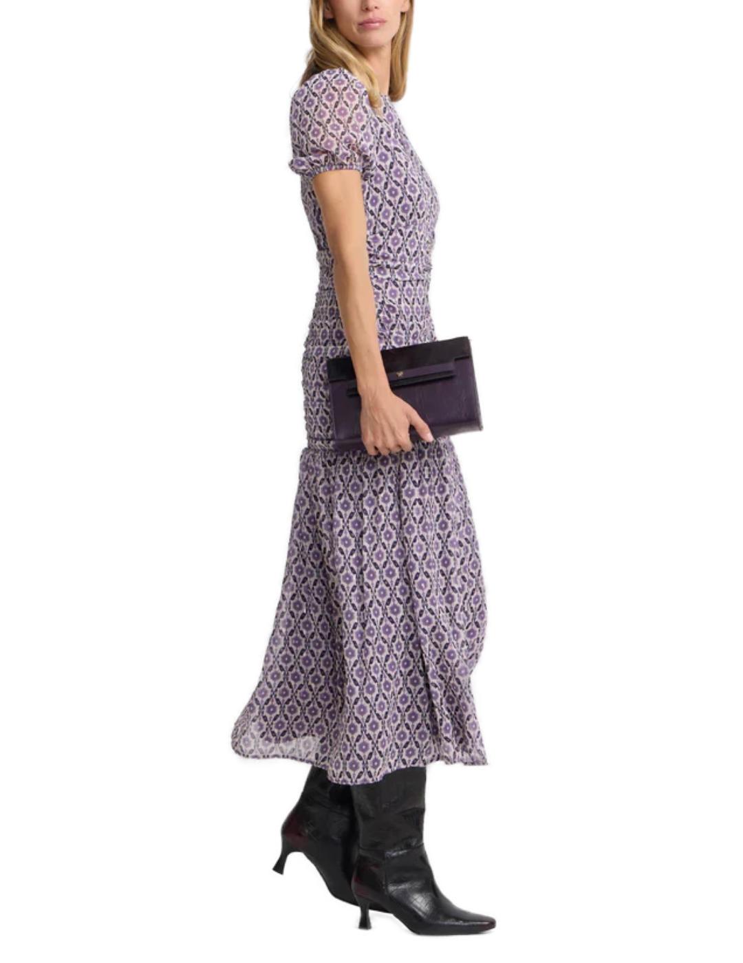 Vestido Silbon fruncido estampado malva gasa largo de mujer