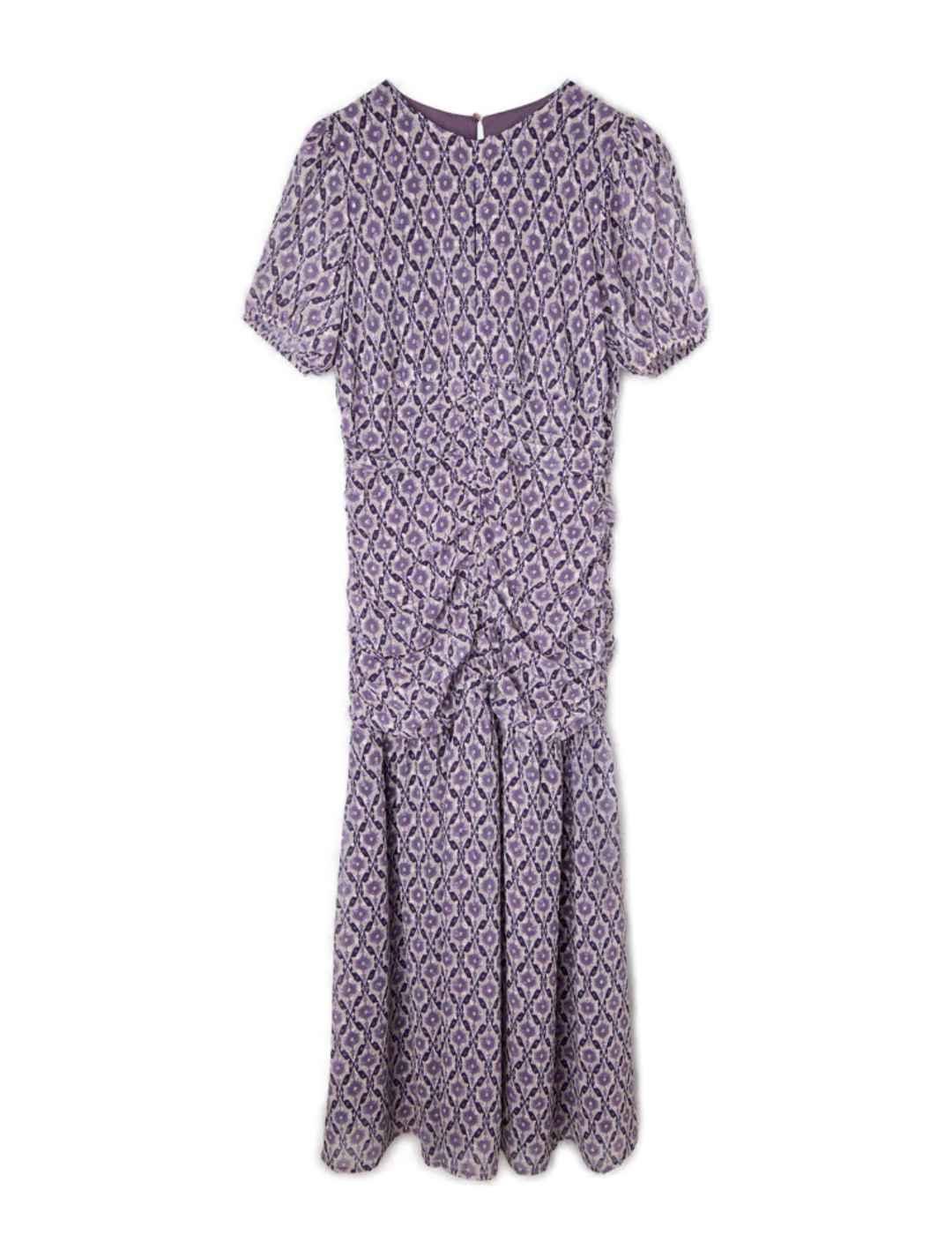 Vestido Silbon fruncido estampado malva gasa largo de mujer