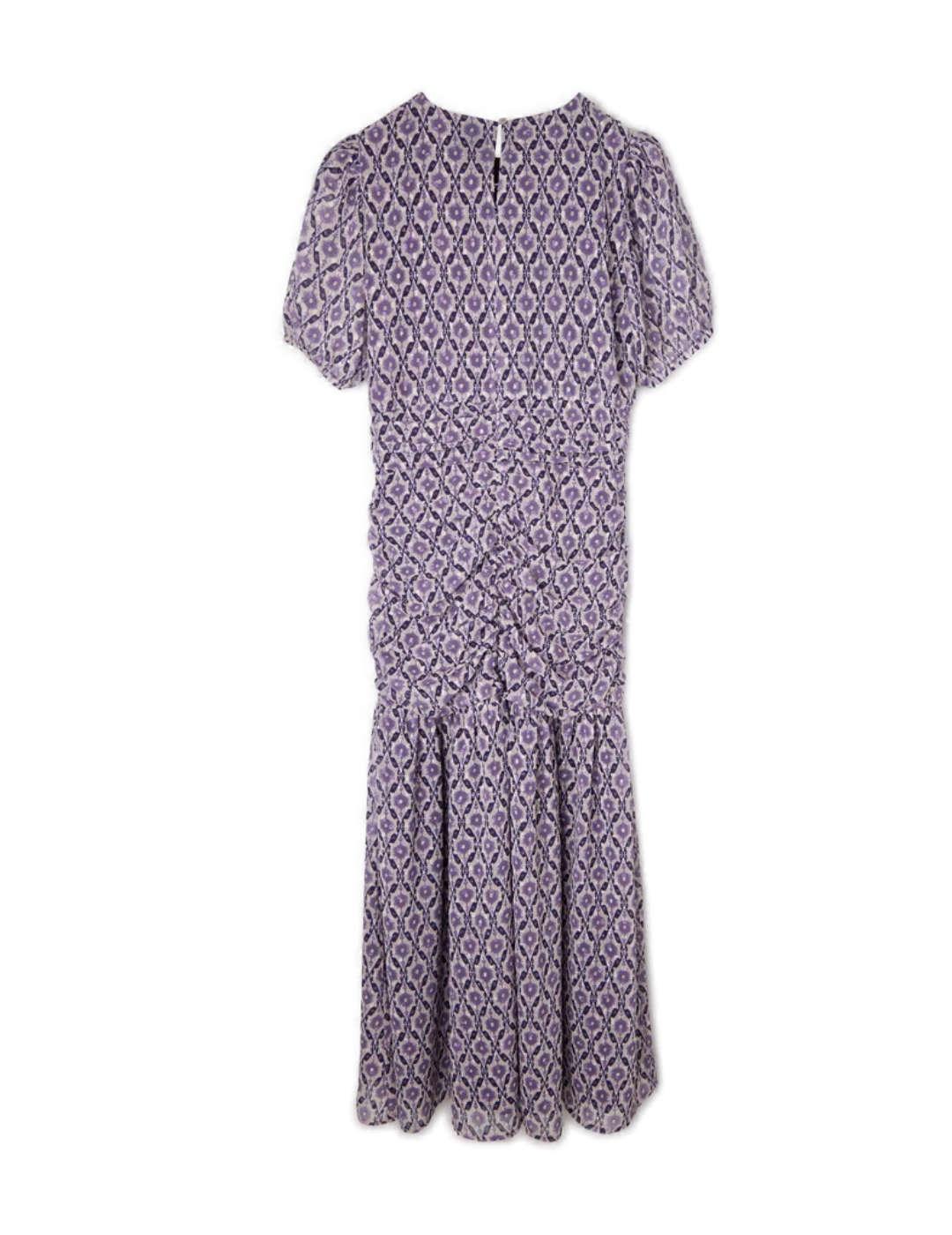 Vestido Silbon fruncido estampado malva gasa largo de mujer