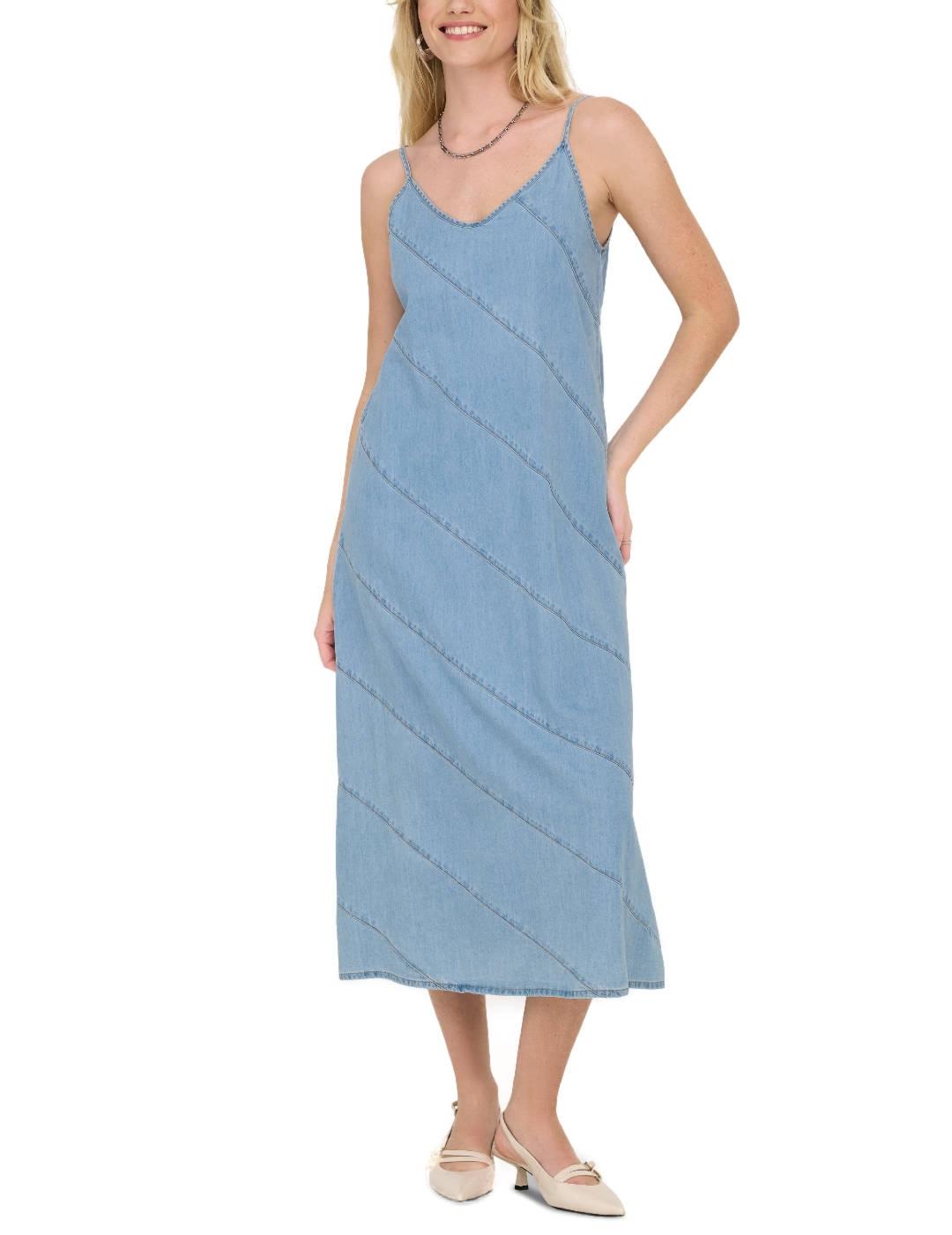 Vestido Only Dia midi denim azul claro costuras para mujer