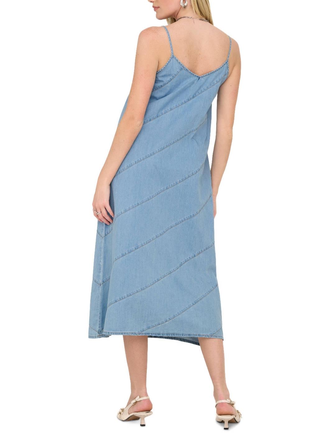 Vestido Only Dia midi denim azul claro costuras para mujer