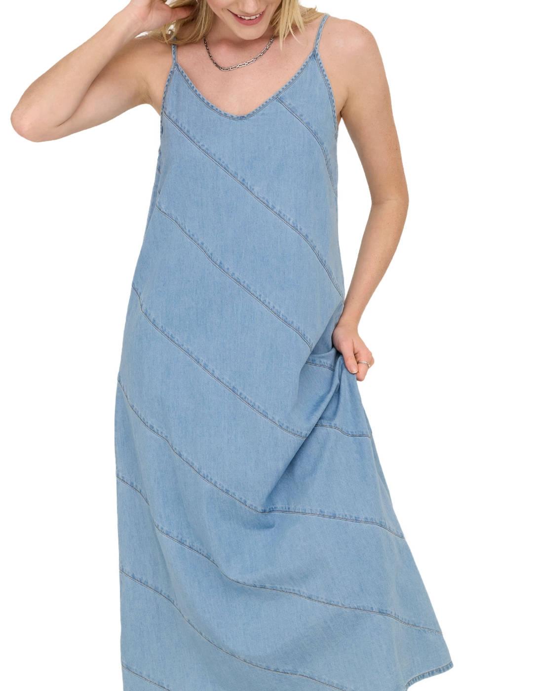 Vestido Only Dia midi denim azul claro costuras para mujer