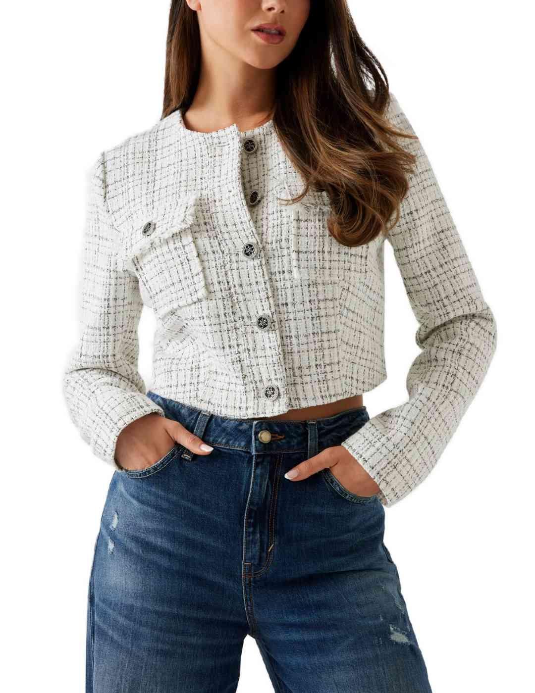Chaqueta Guess Annnamaria blanca tweed cropped para mujer