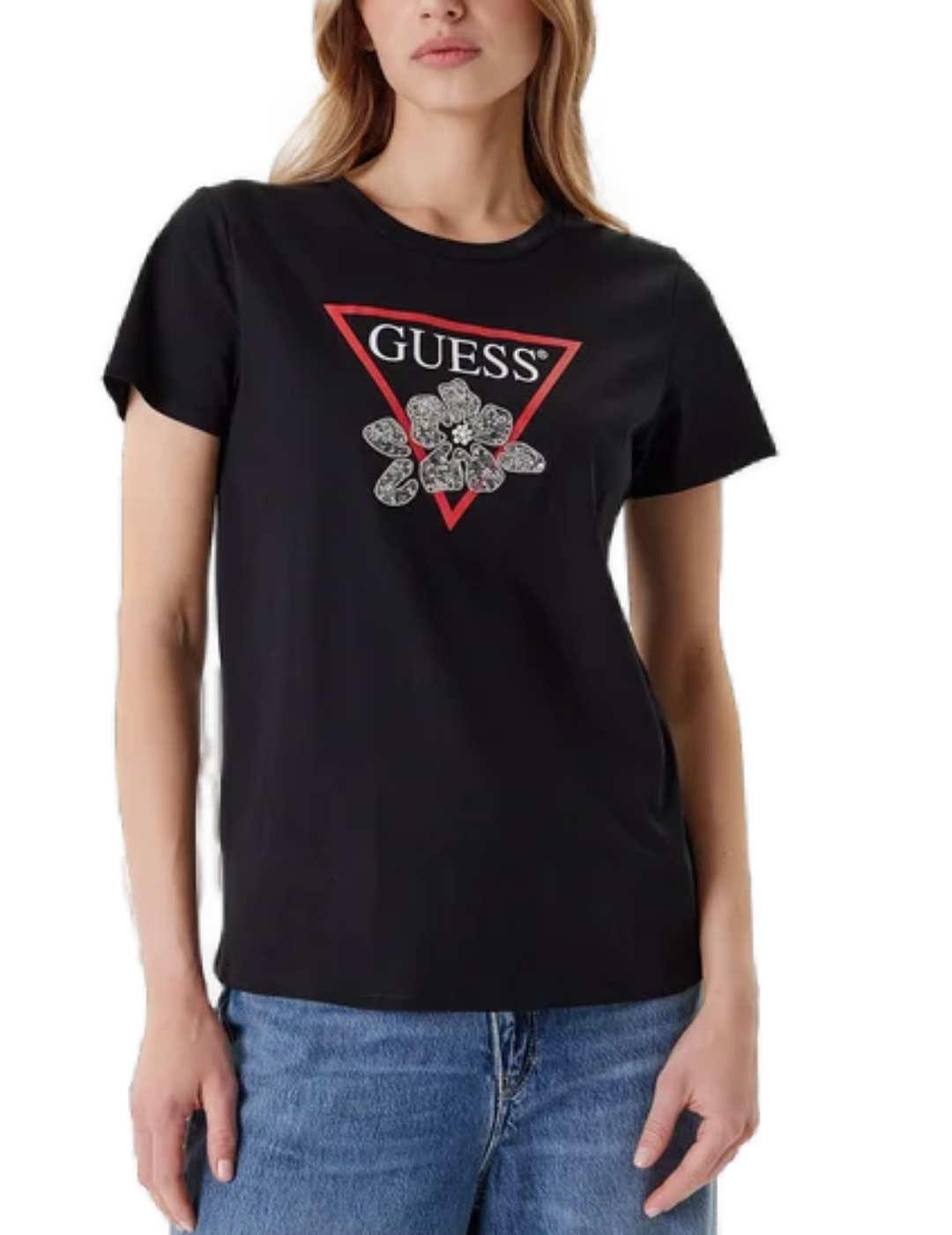Camiseta Guess Flower negra abalorios manga corta para mujer