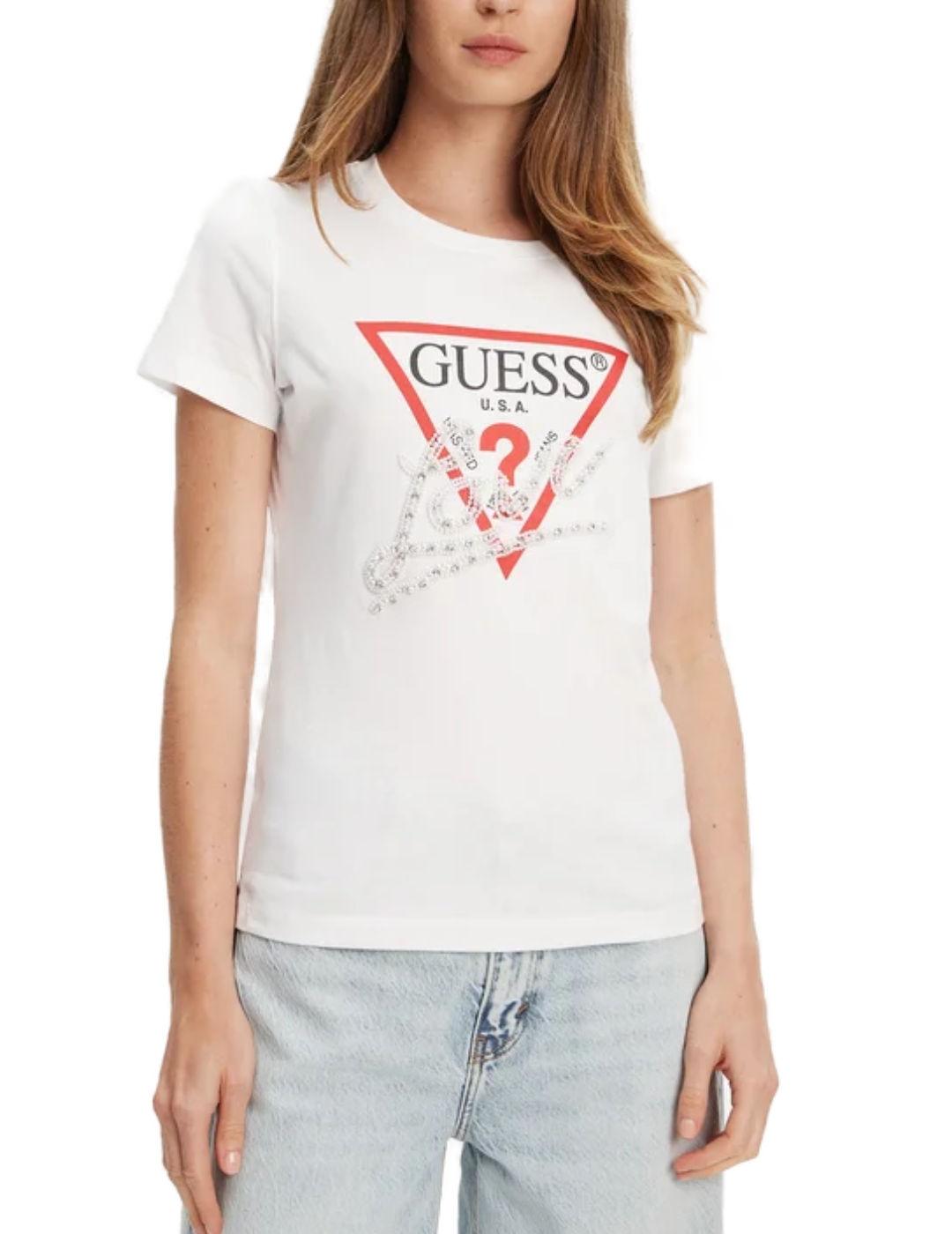 Camiseta Guess Pearls blanca perlas manga corta para mujer