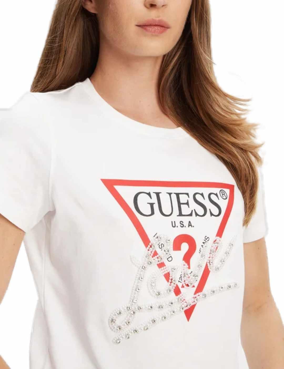 Camiseta Guess Pearls blanca perlas manga corta para mujer