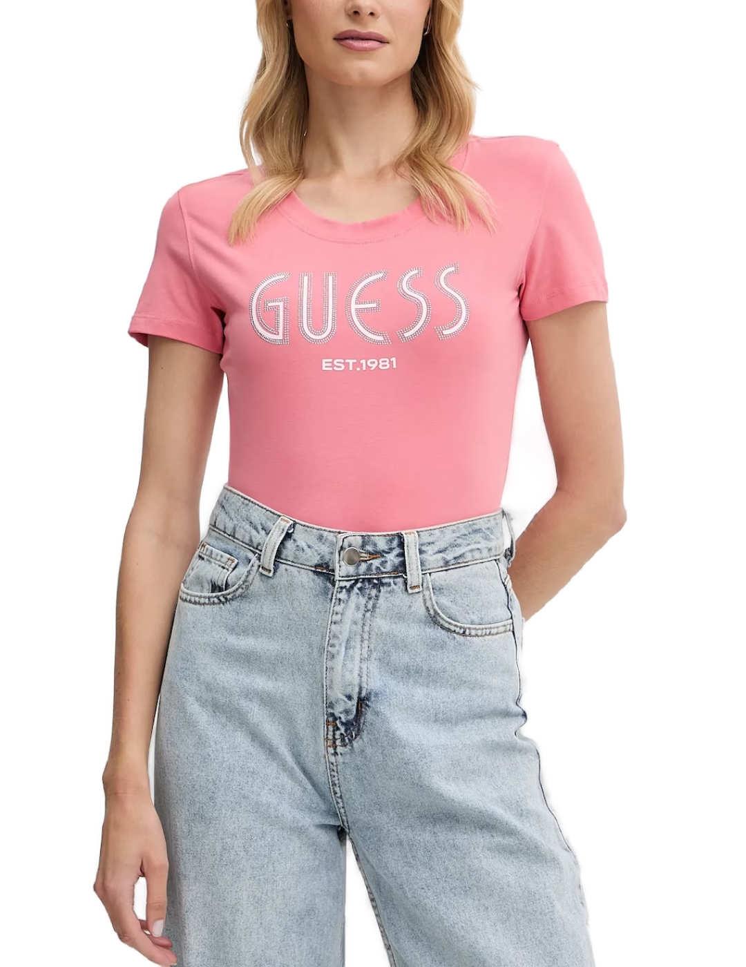 Camiseta Guess Logo rosa manga corta para mujer