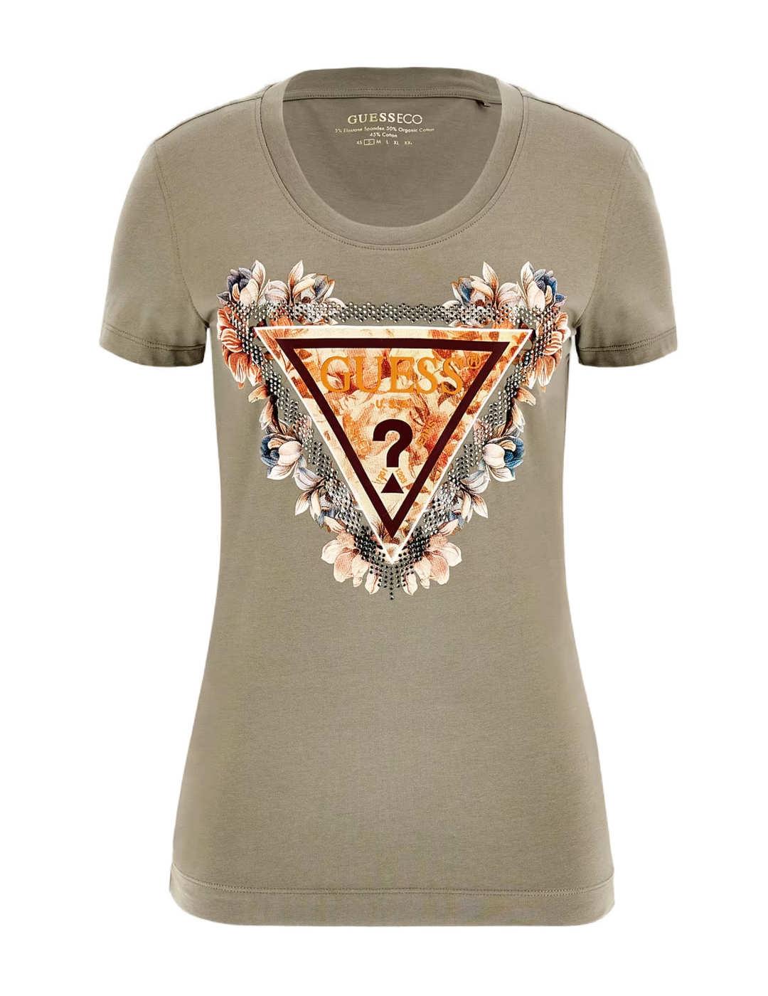 Camiseta Guess Triangle Flowers verde manga corta de mujer
