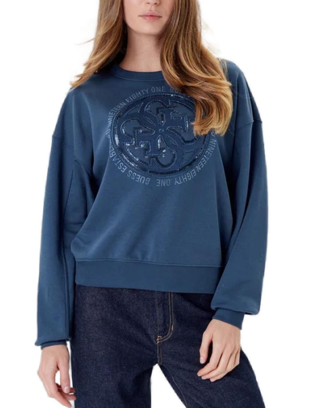 Sudadera Guess Logo Hotfix azul 4G sin capucha para mujer