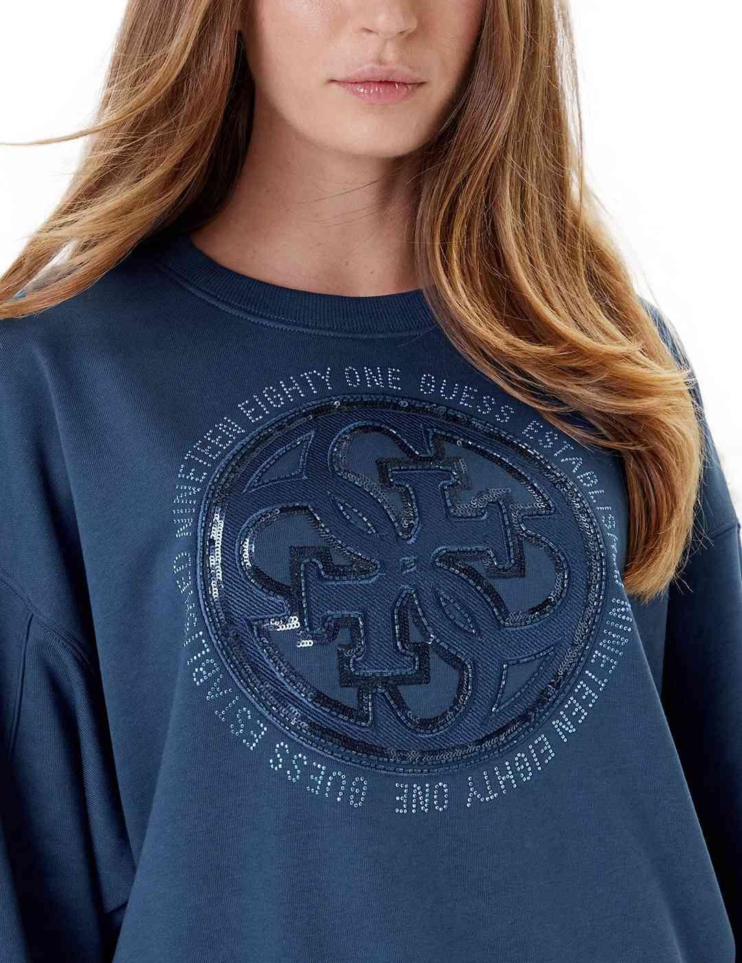 Sudadera Guess Logo Hotfix azul 4G sin capucha para mujer