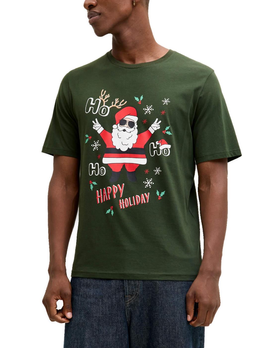Camiseta Jack & Jones diseño navideño Papa Noel verde hombre