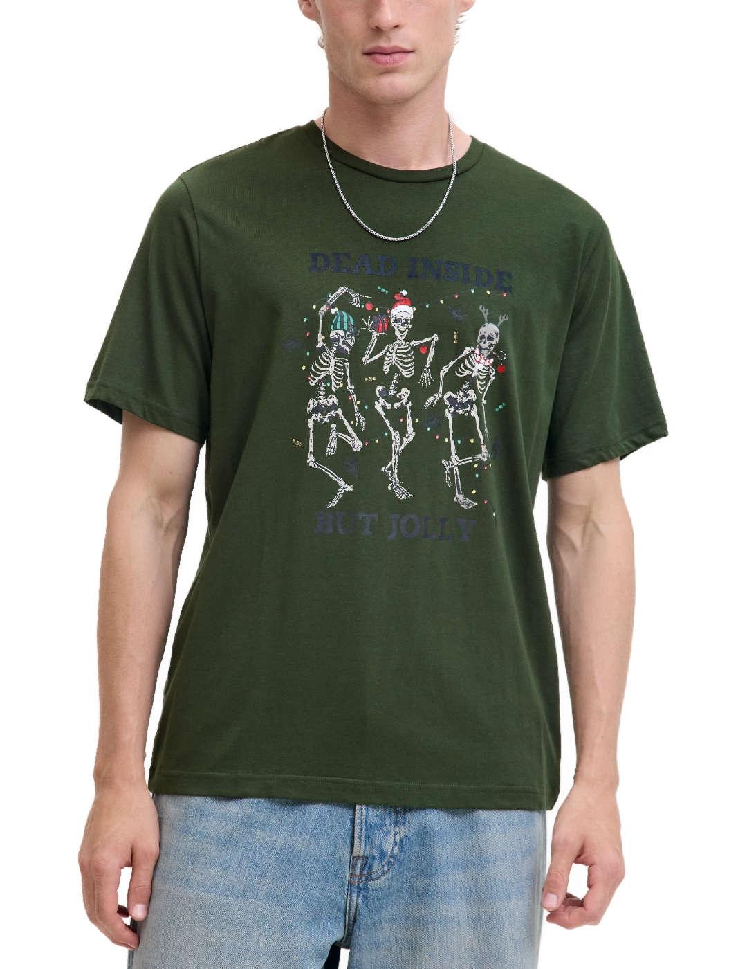 Camiseta Jack&Jones Noel esqueletos bailando verde de hombre