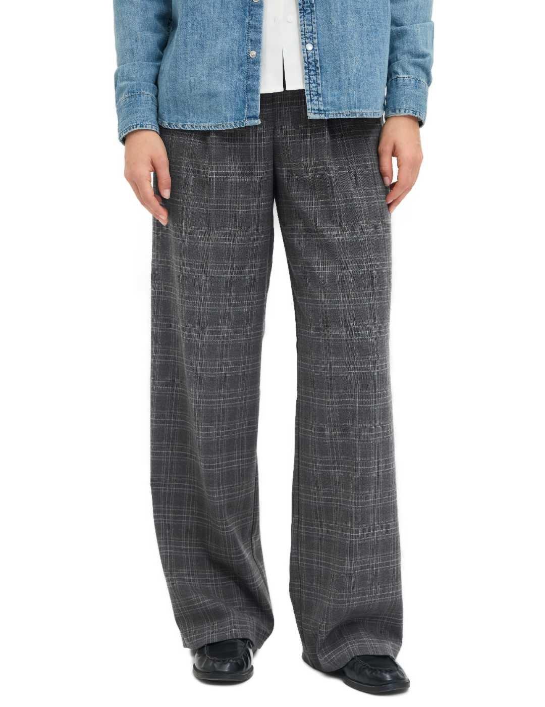 Pantalón JJXX Aya gris con cuadros ancho wide fit para mujer