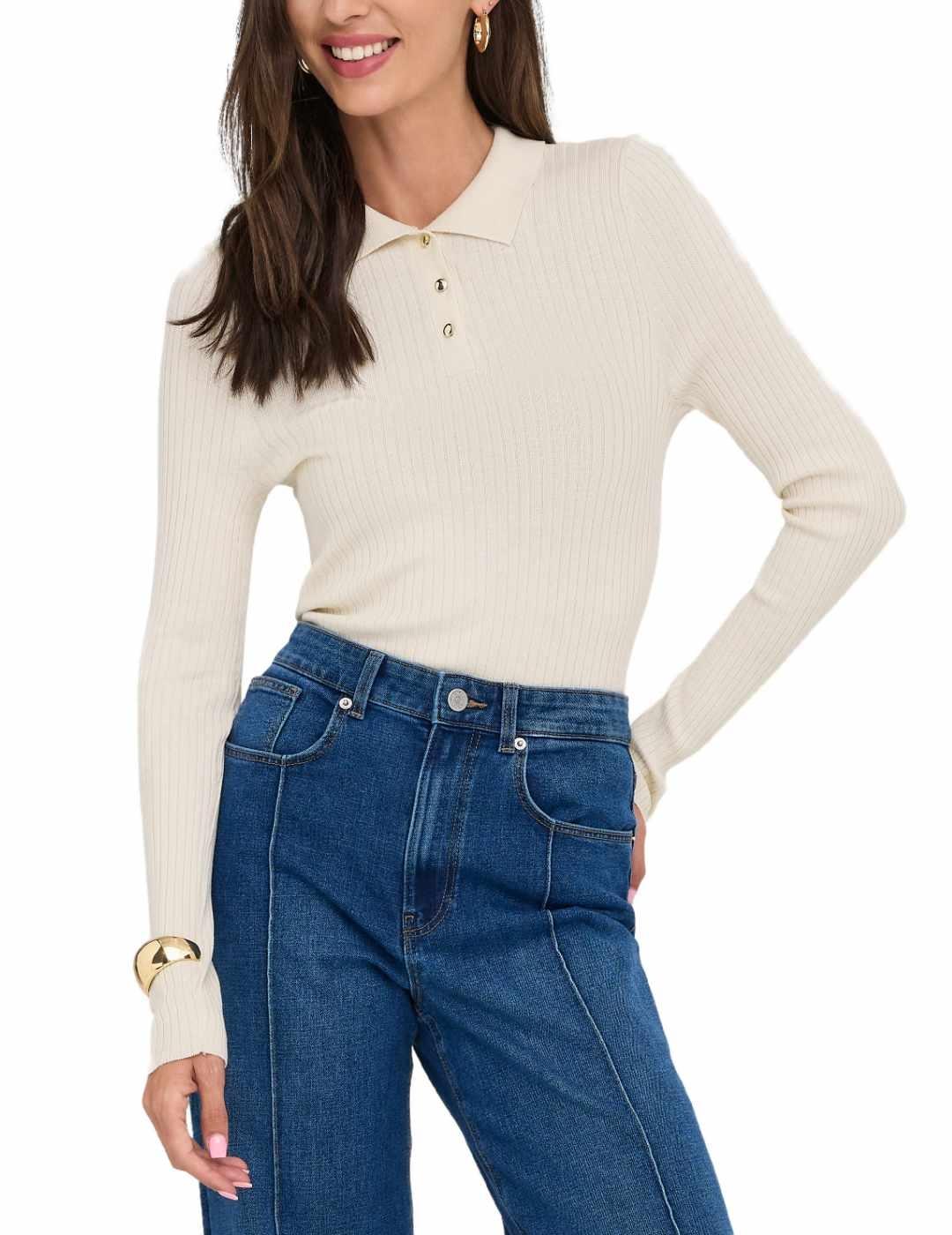 Polo Only Mila abotonado color beige de canalé para de mujer
