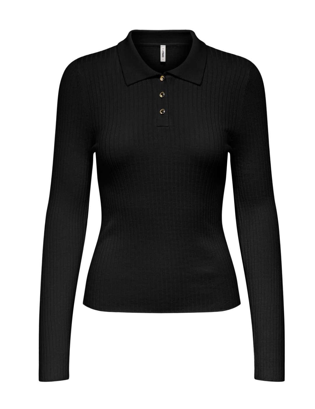 Polo Only Mila abotonado color negro de canalé para mujer