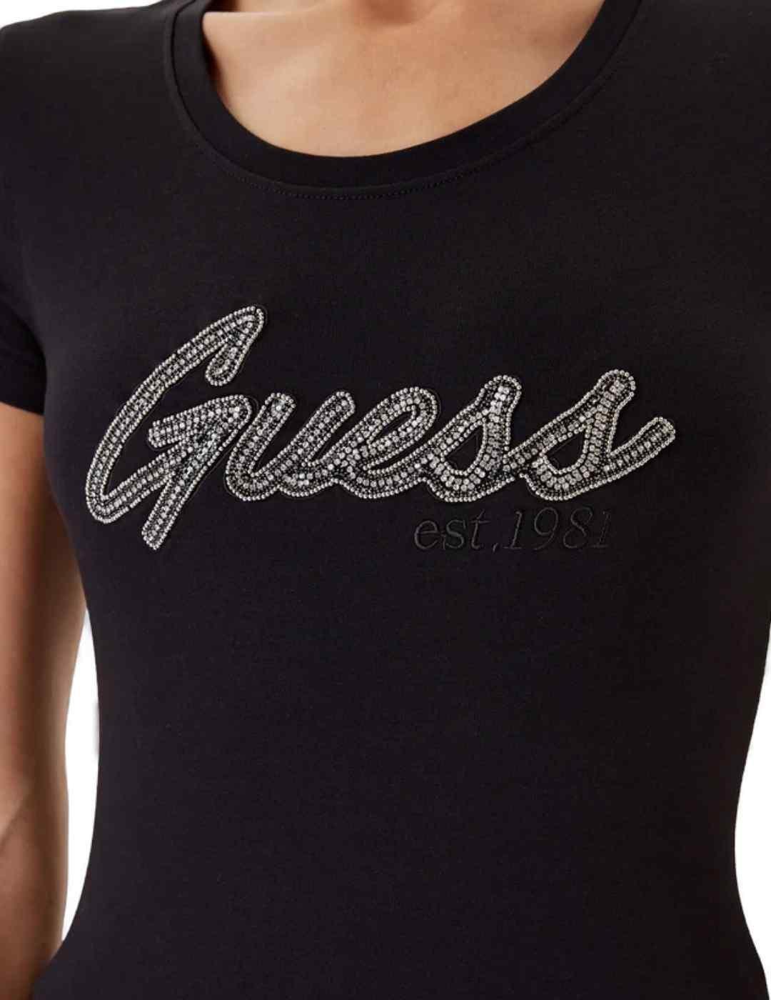 Camiseta Guess Logo Hot negra brillos manga corta para mujer