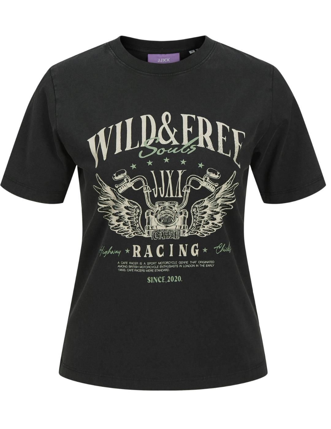 Camiseta JJXX Britta negra dibujo moto para mujer