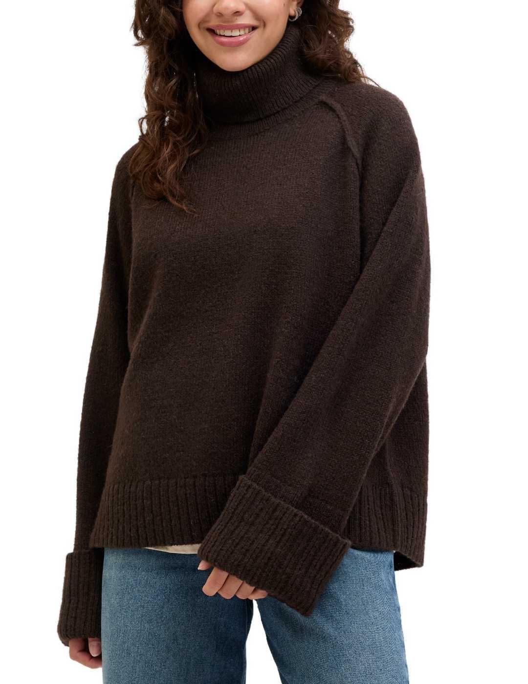 Jersey JJXX Ellinora marrón cuello vuelto punto de mujer
