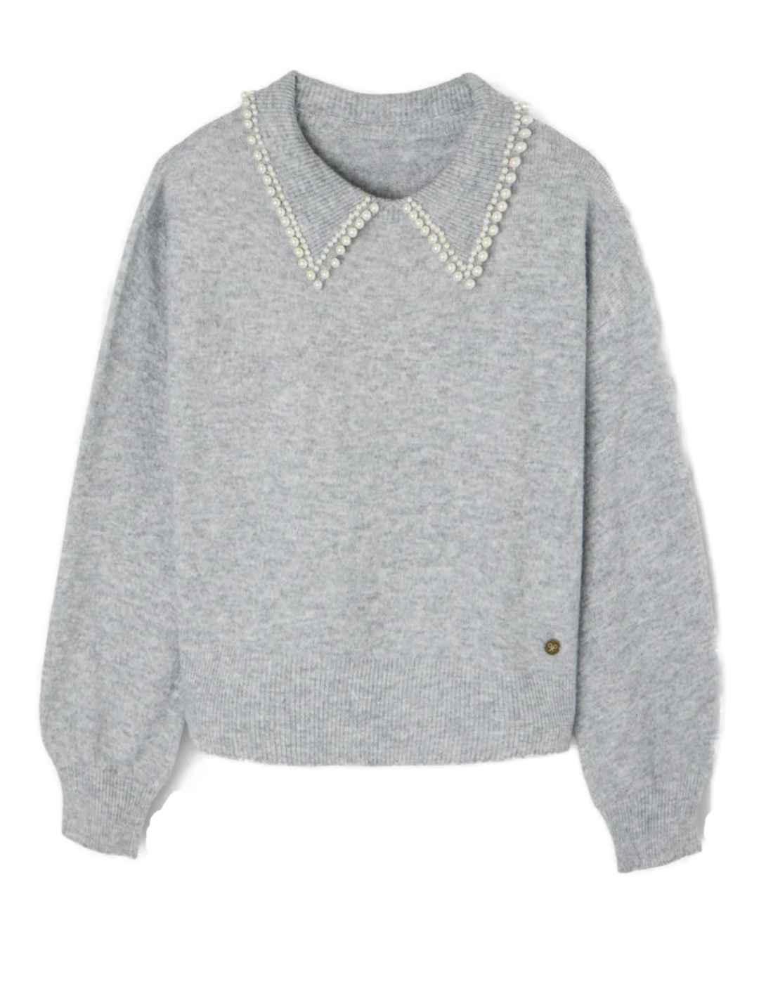 Jersey Silbon cuello polo gris con perlas para mujer