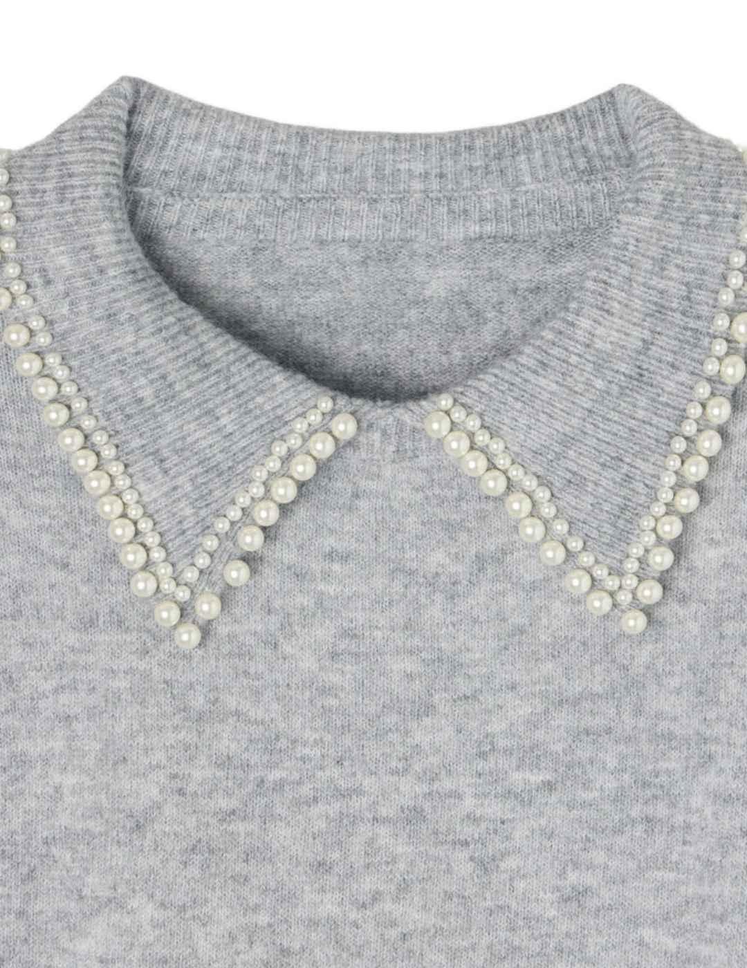 Jersey Silbon cuello polo gris con perlas para mujer