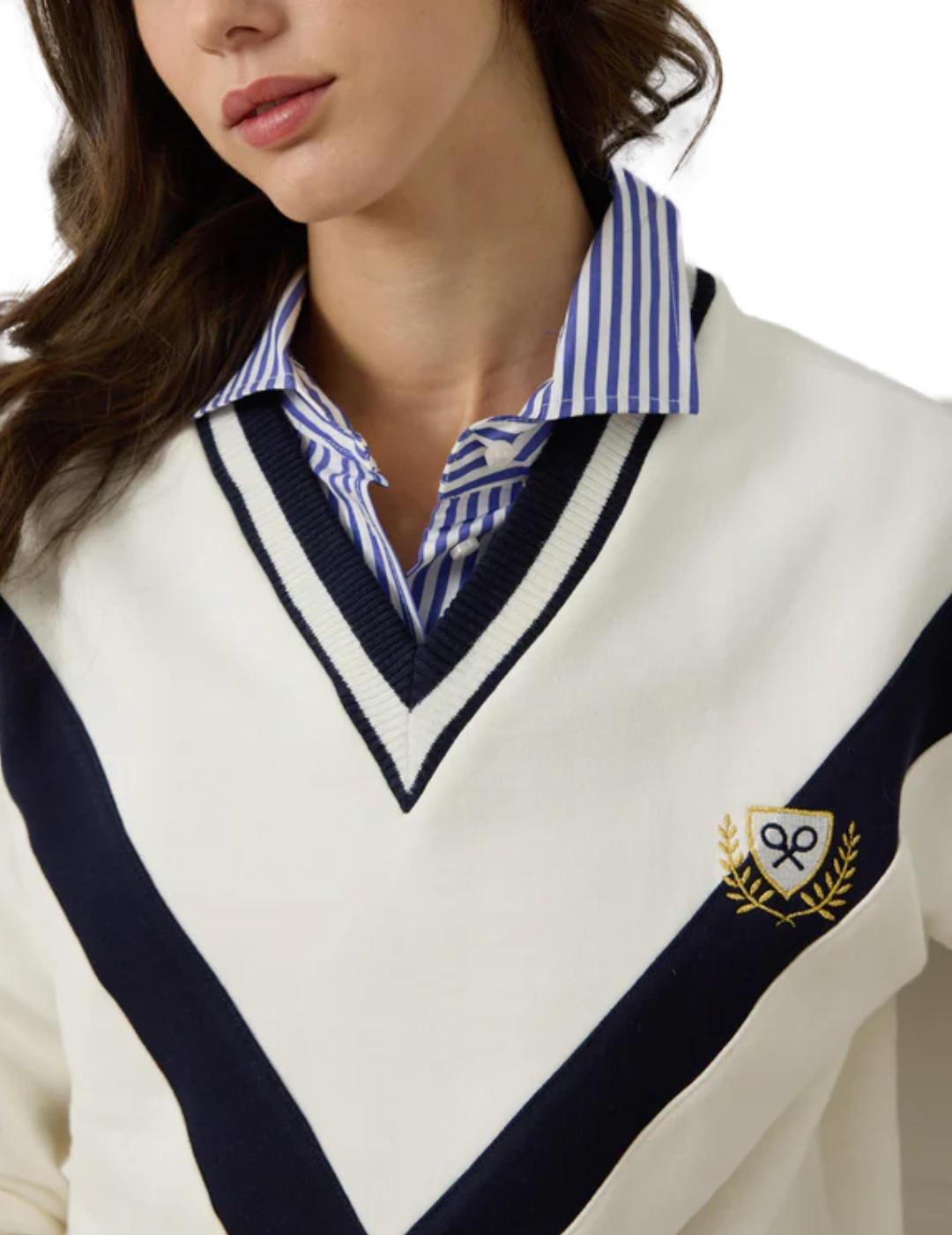 Sudadera Silbon escudo cruda cuello pico franjas para mujer