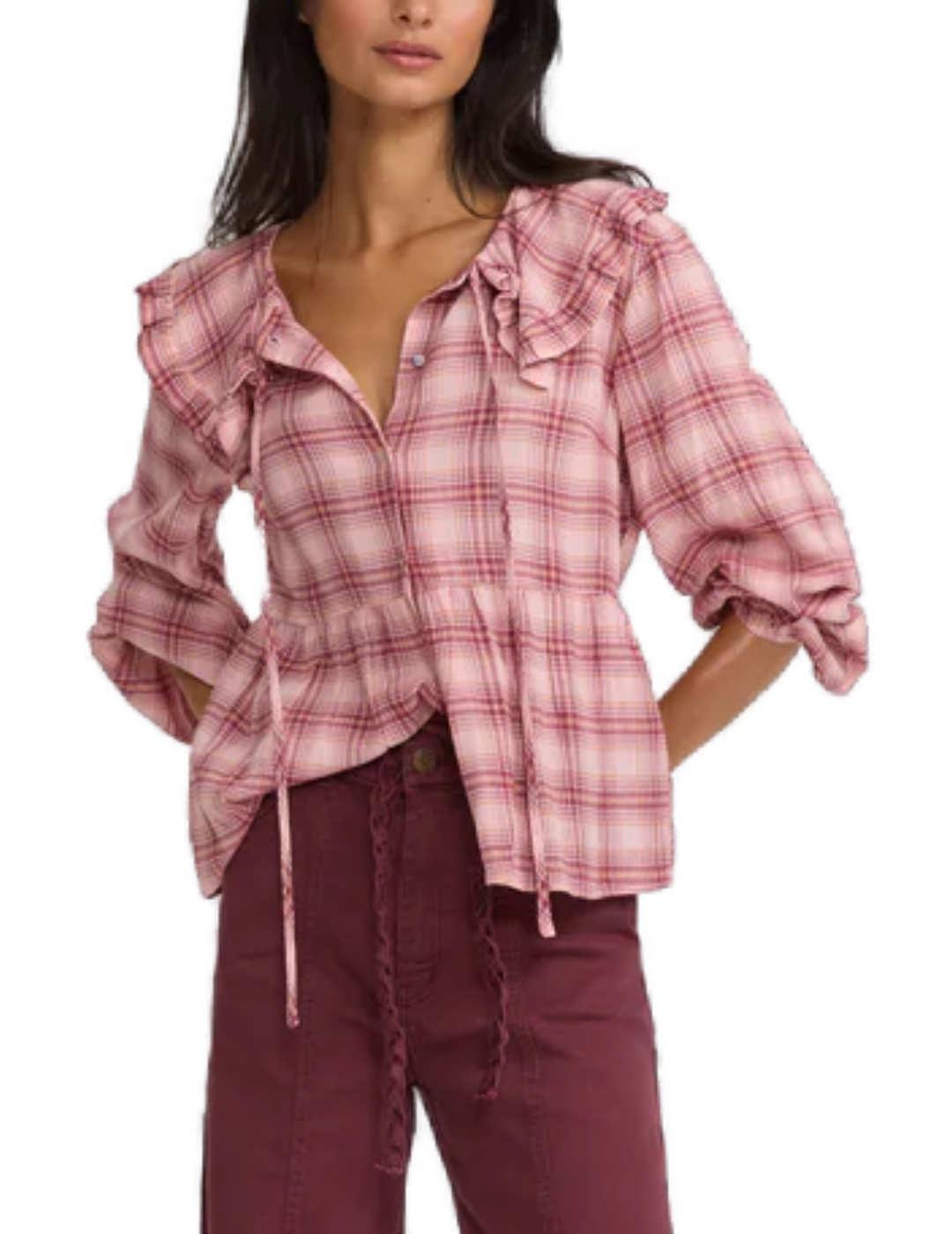 Blusa Silbon cuello bobo cuadros rosas y granate para mujer