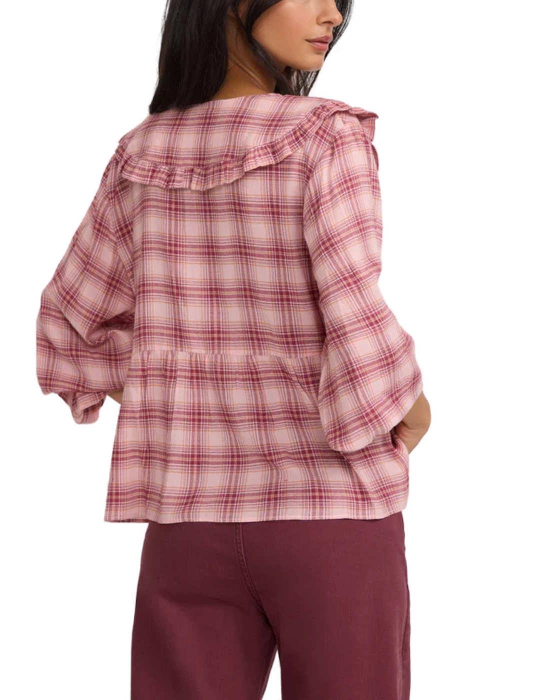Blusa Silbon cuello bobo cuadros rosas y granate para mujer
