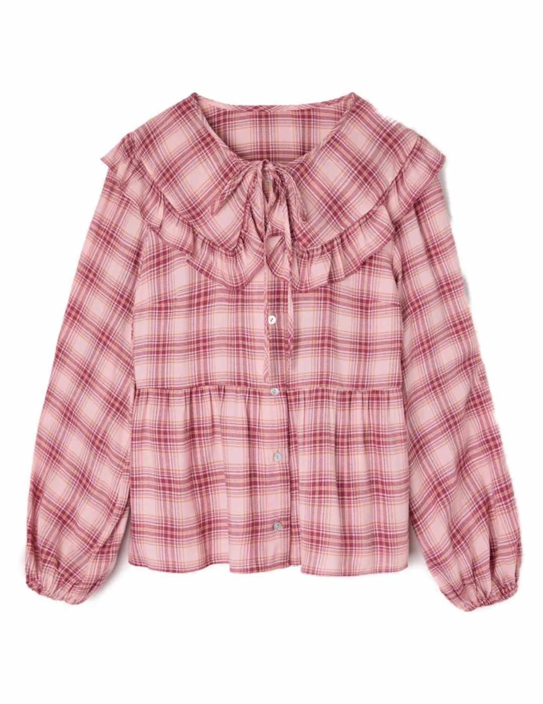 Blusa Silbon cuello bobo cuadros rosas y granate para mujer