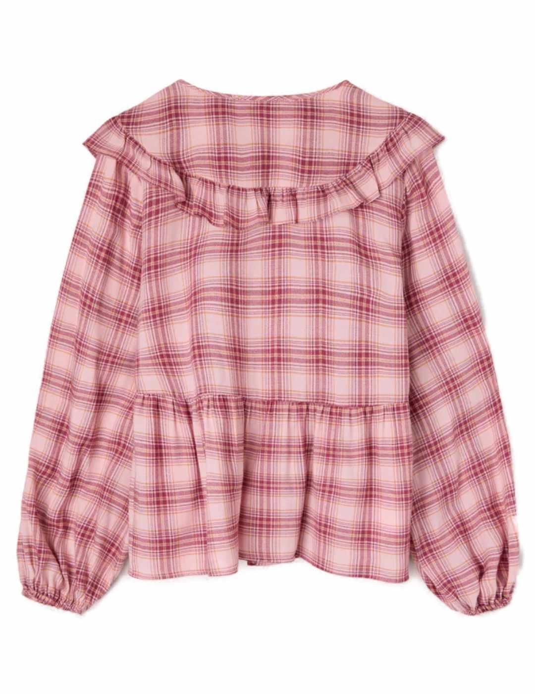 Blusa Silbon cuello bobo cuadros rosas y granate para mujer